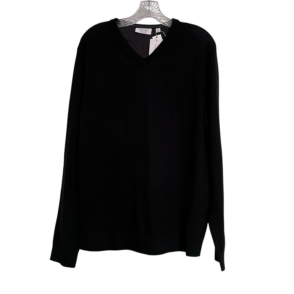 NWT CALVIN KLEIN Sz M Sweater Mens Black V-Neck Extra Fine Merino Wool Pullover‎